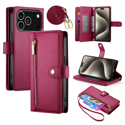 For iPhone 18 Pro / 17 Pro Case Zipper Pocket Wallet Leather Phone Cover with Straps
