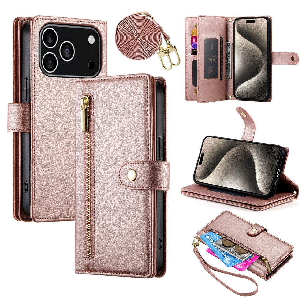 For iPhone 18 Pro / 17 Pro Case Zipper Pocket Wallet Leather Phone Cover with Straps