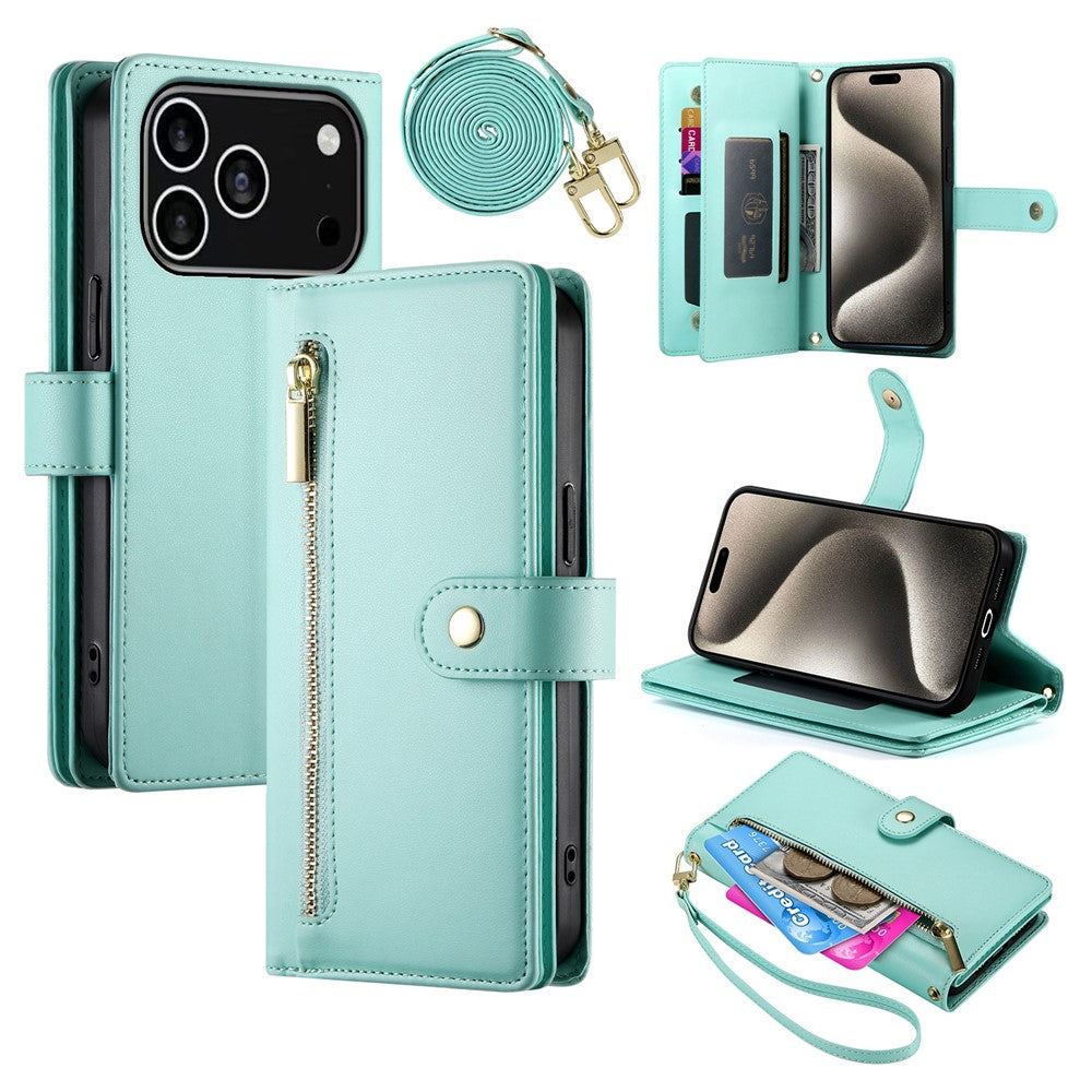 For iPhone 18 Pro / 17 Pro Case Zipper Pocket Wallet Leather Phone Cover with Straps