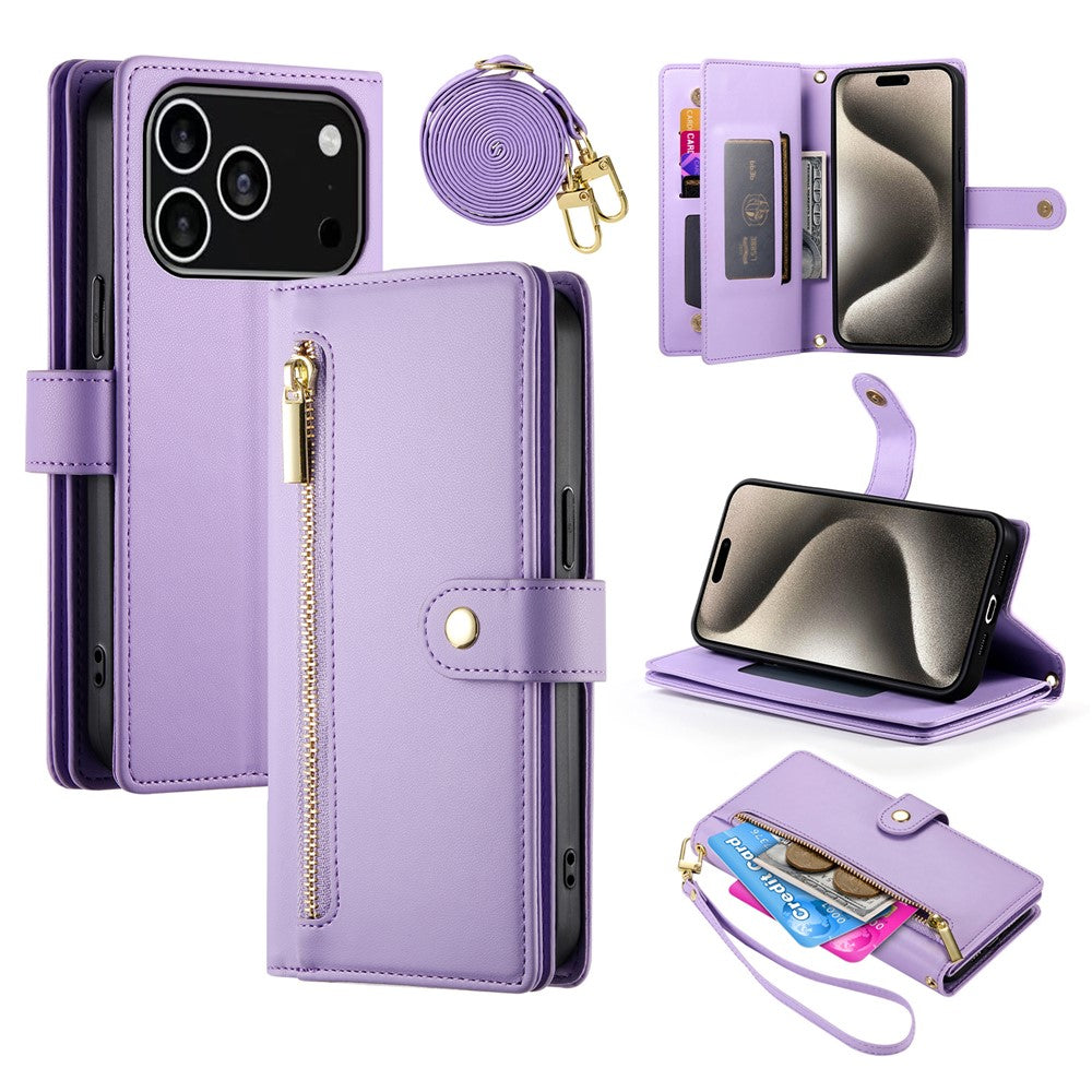 For iPhone 18 Pro / 17 Pro Case Zipper Pocket Wallet Leather Phone Cover with Straps