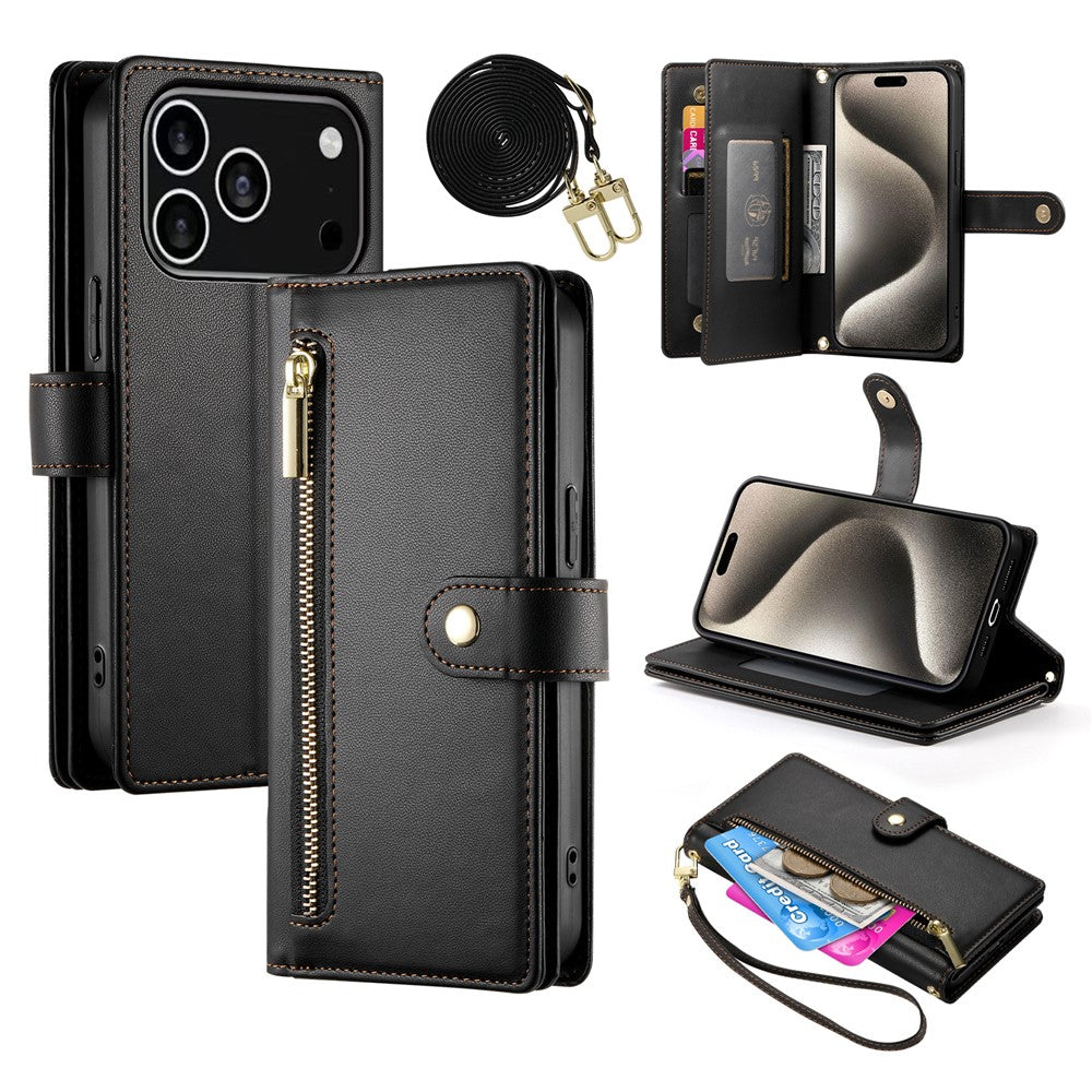 For iPhone 18 Pro / 17 Pro Case Zipper Pocket Wallet Leather Phone Cover with Straps
