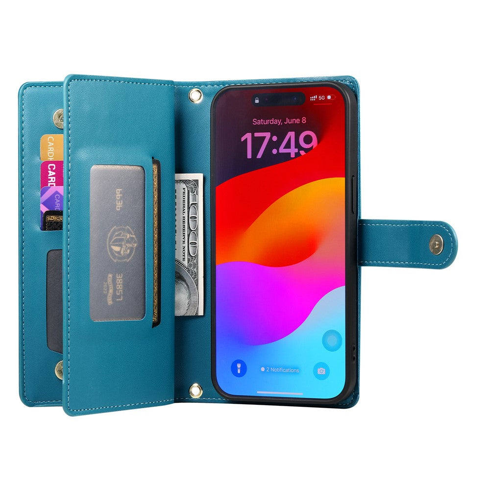 For iPhone 18 Pro / 17 Pro Case Zipper Pocket Wallet Leather Phone Cover with Straps