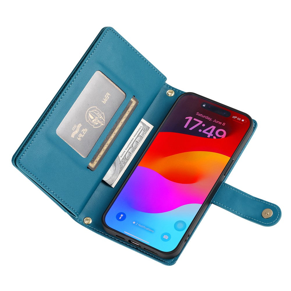 For iPhone 18 Pro / 17 Pro Case Zipper Pocket Wallet Leather Phone Cover with Straps