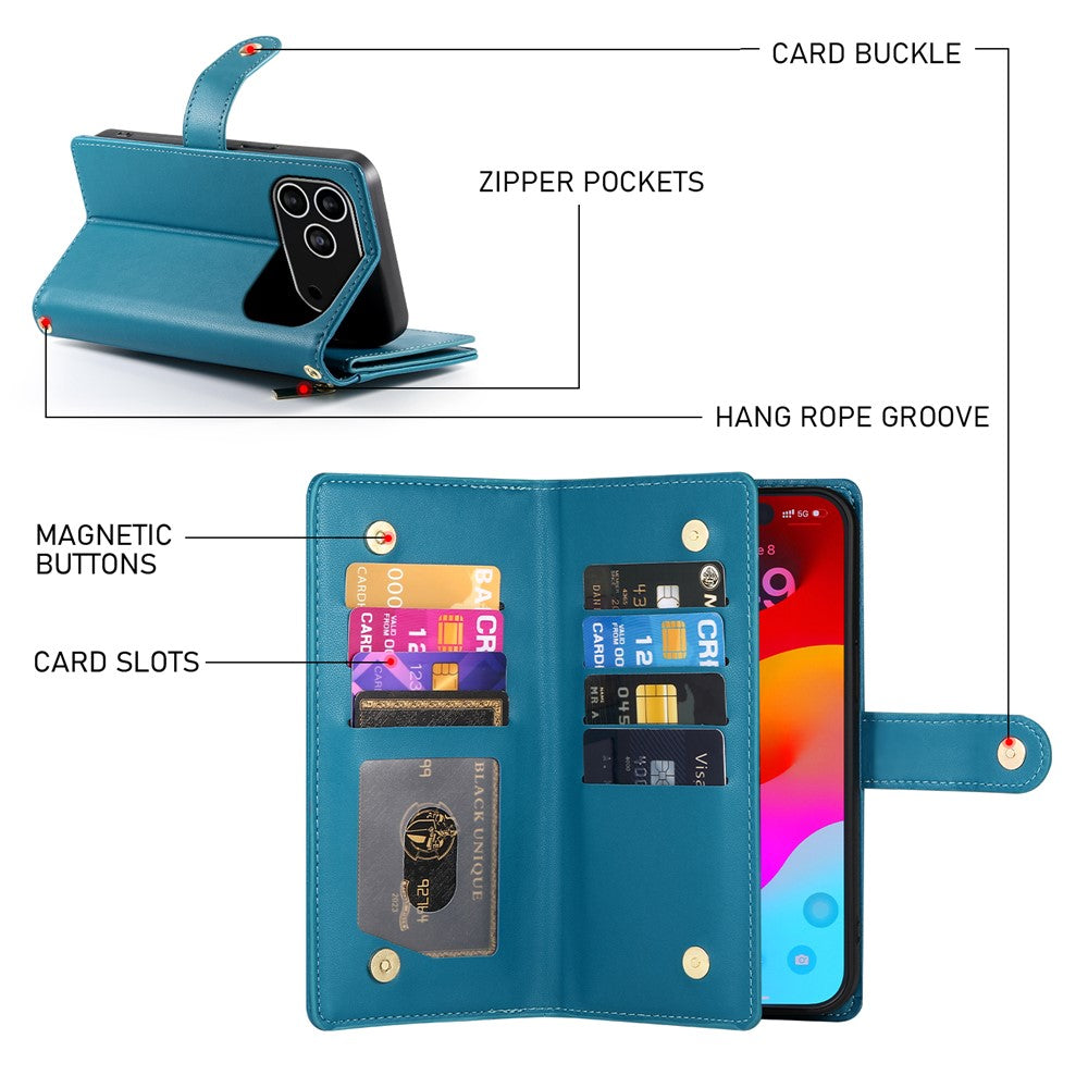 For iPhone 18 Pro / 17 Pro Case Zipper Pocket Wallet Leather Phone Cover with Straps