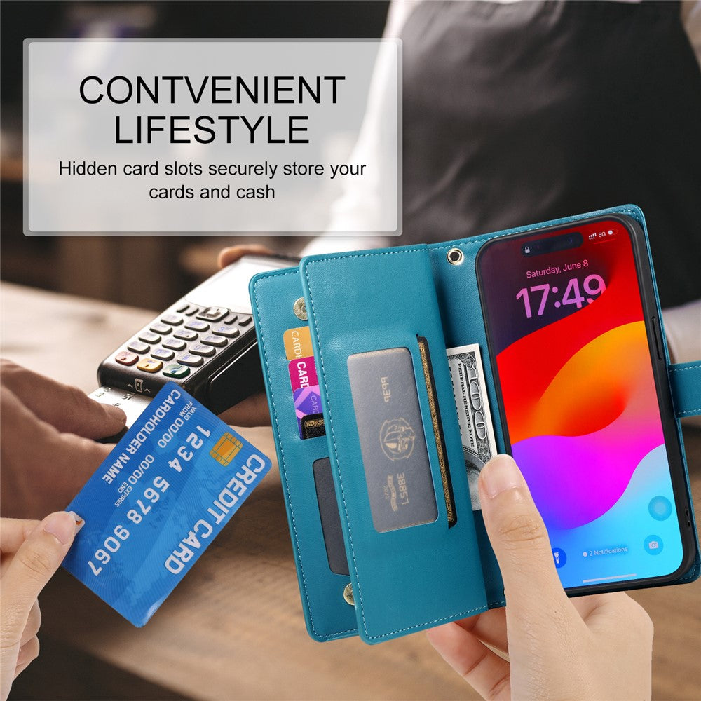 For iPhone 18 Pro / 17 Pro Case Zipper Pocket Wallet Leather Phone Cover with Straps