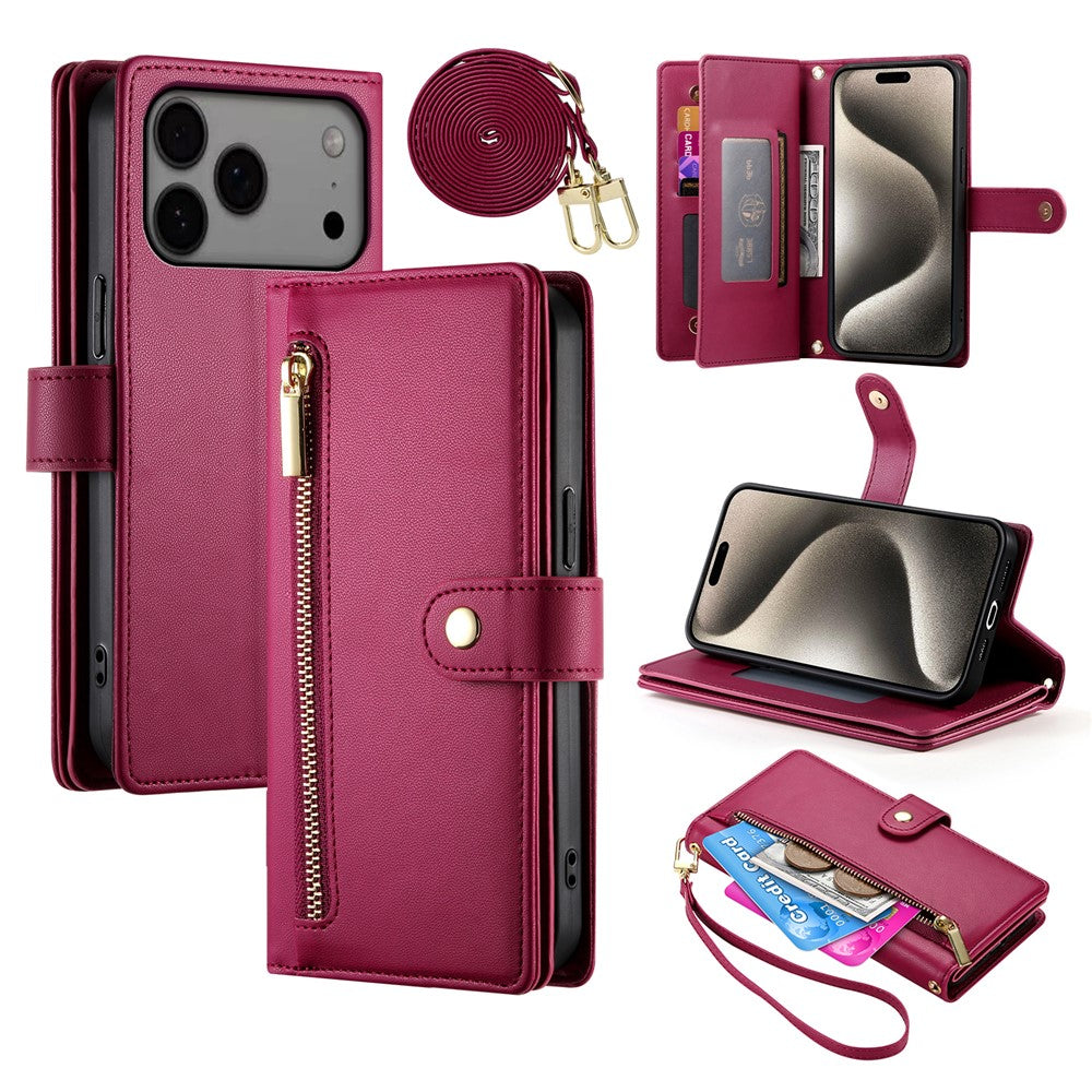 For iPhone 18 Pro Max / 17 Pro Max Case Zipper Pocket Wallet Leather Phone Cover with Straps