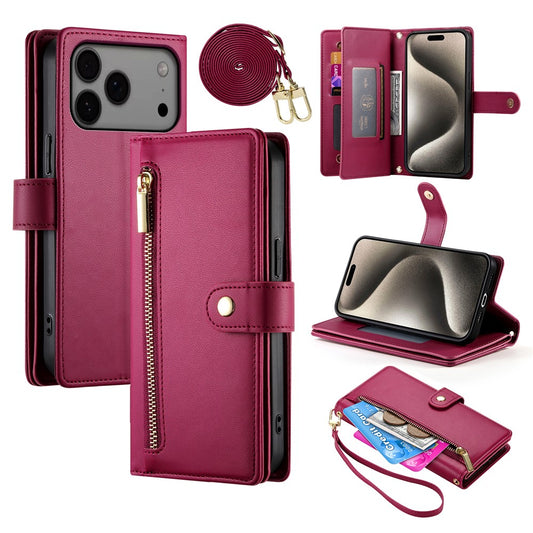 For iPhone 18 Pro Max / 17 Pro Max Case Zipper Pocket Wallet Leather Phone Cover with Straps