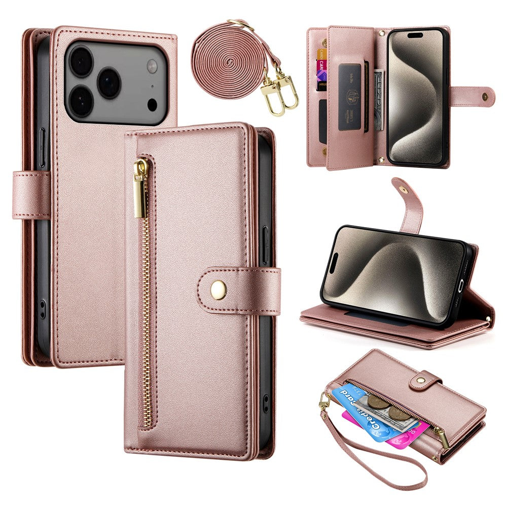 For iPhone 18 Pro Max / 17 Pro Max Case Zipper Pocket Wallet Leather Phone Cover with Straps