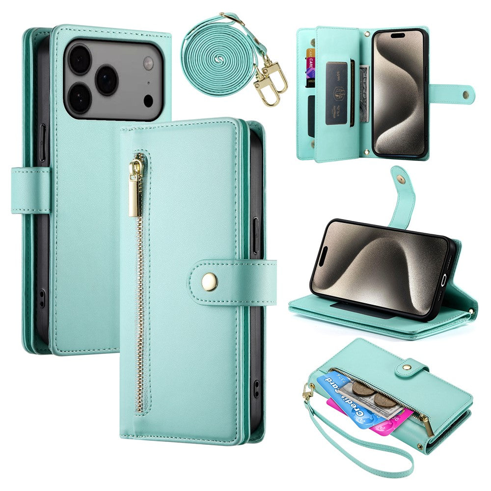 For iPhone 18 Pro Max / 17 Pro Max Case Zipper Pocket Wallet Leather Phone Cover with Straps