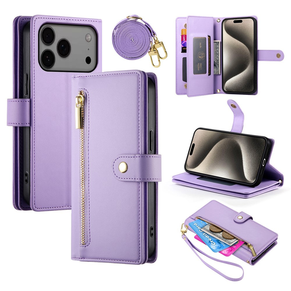 For iPhone 18 Pro Max / 17 Pro Max Case Zipper Pocket Wallet Leather Phone Cover with Straps