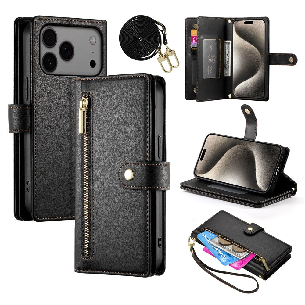 For iPhone 18 Pro Max / 17 Pro Max Case Zipper Pocket Wallet Leather Phone Cover with Straps
