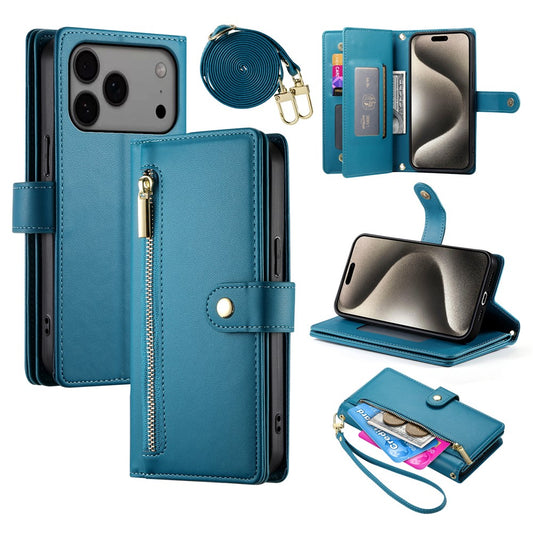 For iPhone 18 Pro Max / 17 Pro Max Case Zipper Pocket Wallet Leather Phone Cover with Straps