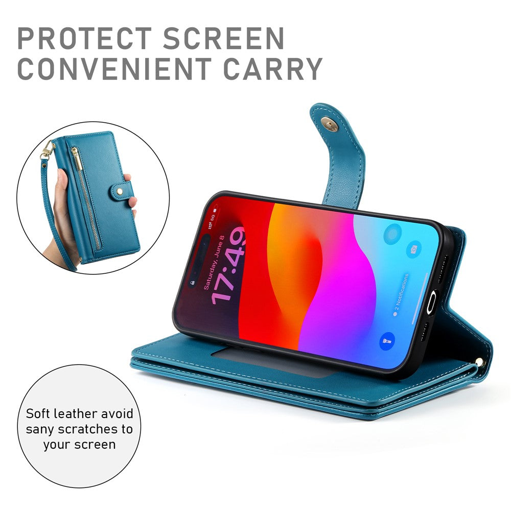 For iPhone 18 Pro Max / 17 Pro Max Case Zipper Pocket Wallet Leather Phone Cover with Straps