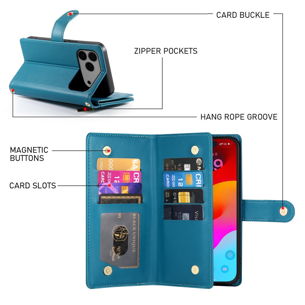 For iPhone 18 Pro Max / 17 Pro Max Case Zipper Pocket Wallet Leather Phone Cover with Straps