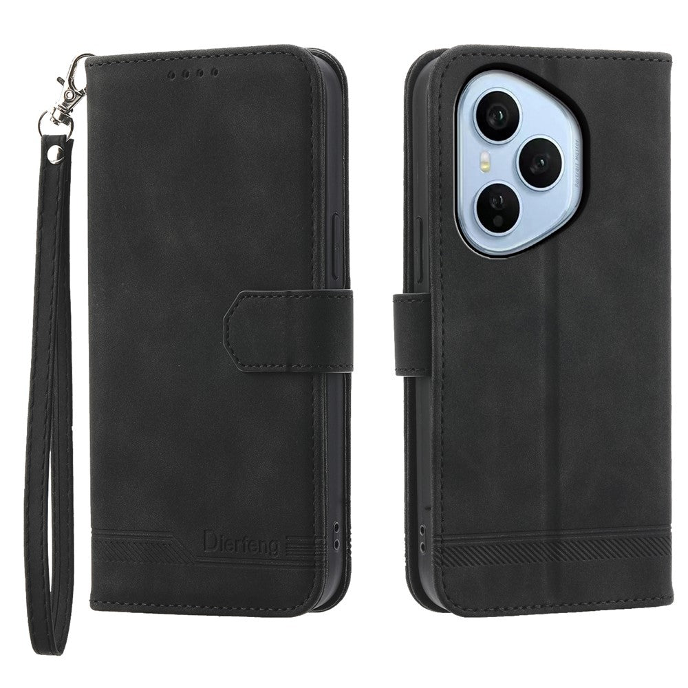 DIERFENG DF-03 For Honor 400 Pro 5G (Global) Case Lines Imprint Wallet Leather Phone Cover with Wrist Strap