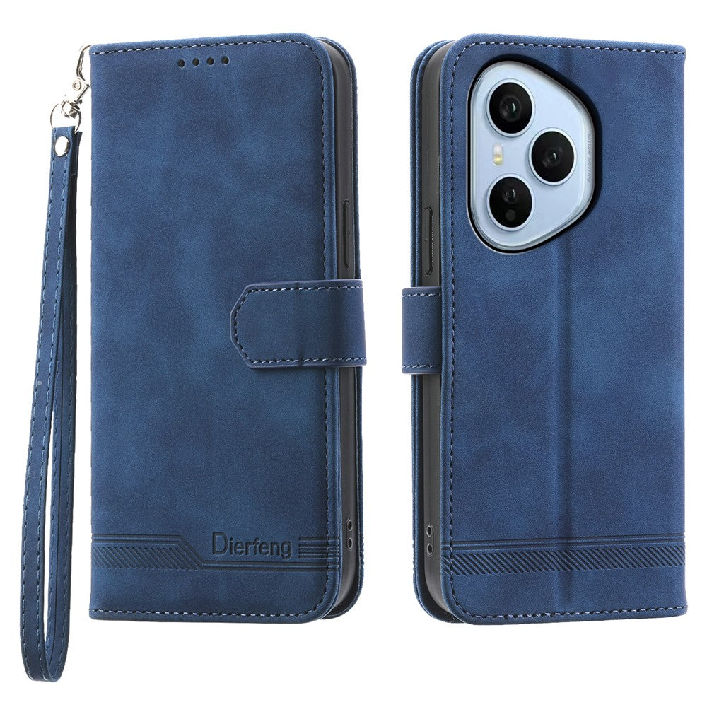 DIERFENG DF-03 For Honor 400 Pro 5G (Global) Case Lines Imprint Wallet Leather Phone Cover with Wrist Strap