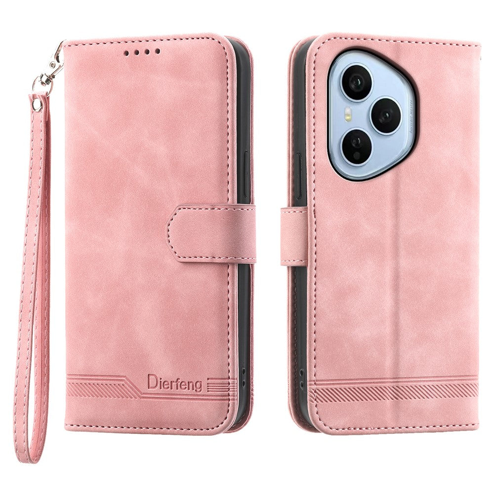 DIERFENG DF-03 For Honor 400 Pro 5G (Global) Case Lines Imprint Wallet Leather Phone Cover with Wrist Strap
