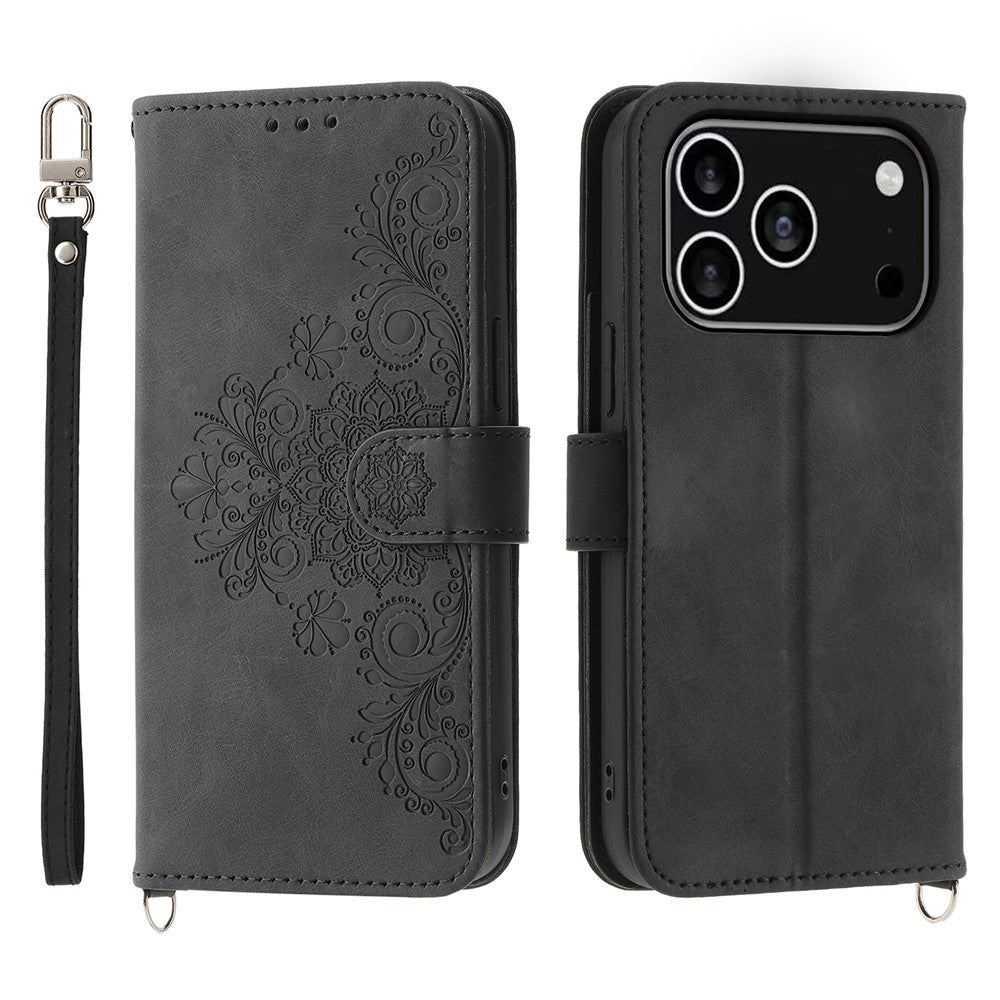 For iPhone 18 Pro / 17 Pro Case Flower Pattern PU Leather Wallet Phone Cover with Strap