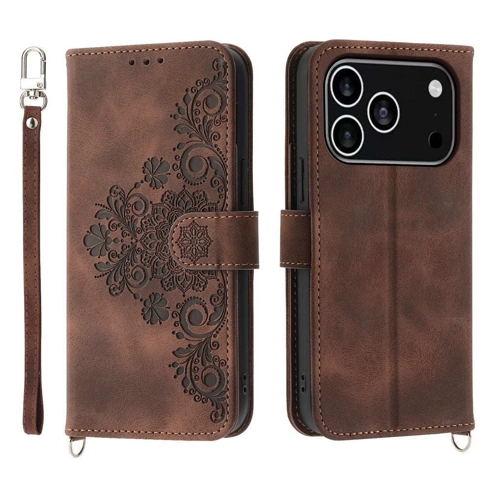 For iPhone 18 Pro / 17 Pro Case Flower Pattern PU Leather Wallet Phone Cover with Strap
