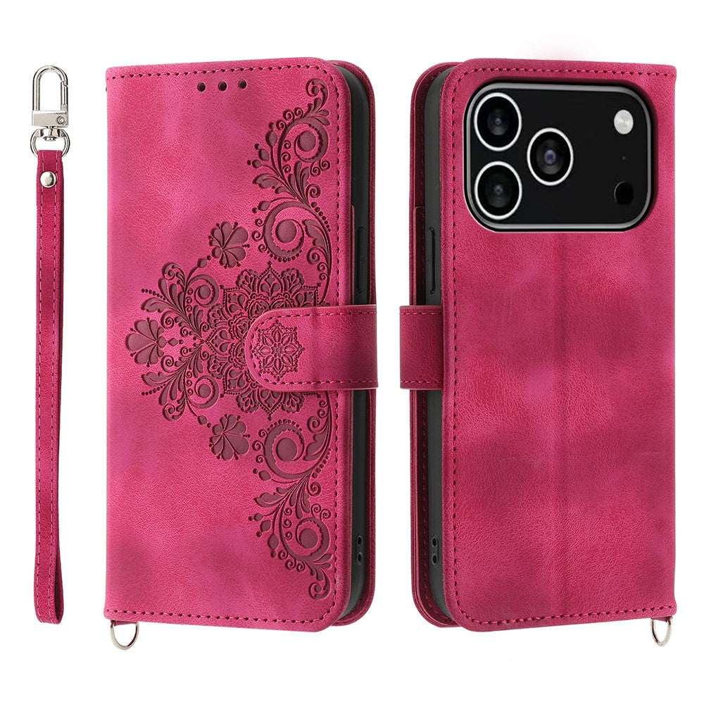 For iPhone 18 Pro / 17 Pro Case Flower Pattern PU Leather Wallet Phone Cover with Strap