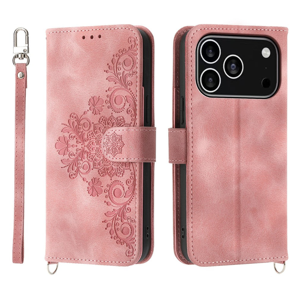 For iPhone 18 Pro / 17 Pro Case Flower Pattern PU Leather Wallet Phone Cover with Strap