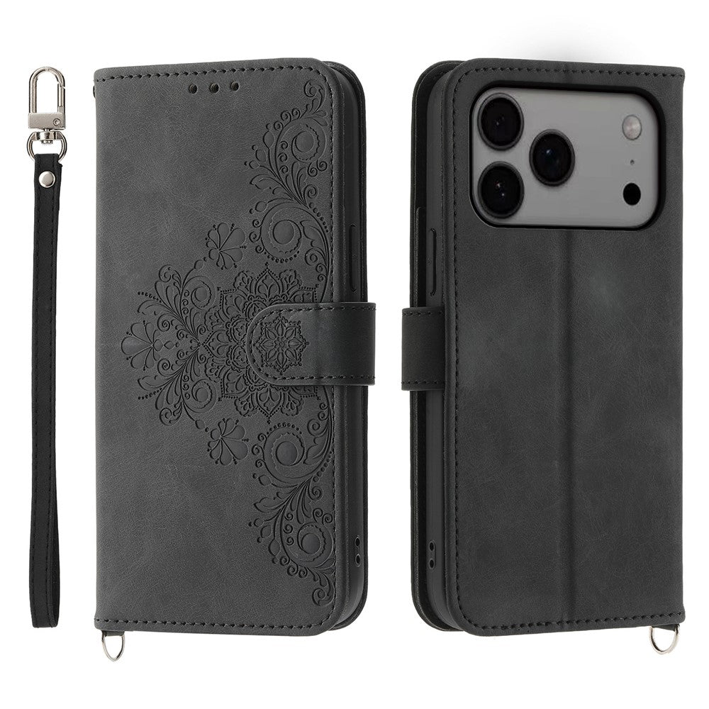For iPhone 18 Pro Max / 17 Pro Max Case Flower Pattern PU Leather Wallet Phone Cover with Strap