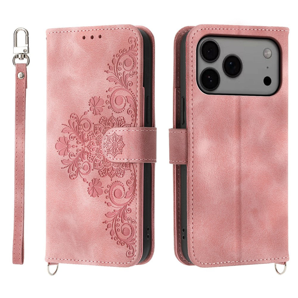 For iPhone 18 Pro Max / 17 Pro Max Case Flower Pattern PU Leather Wallet Phone Cover with Strap