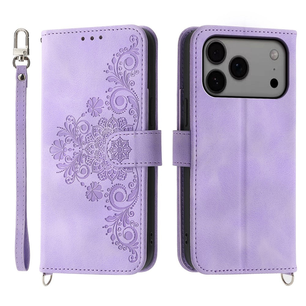 For iPhone 18 Pro Max / 17 Pro Max Case Flower Pattern PU Leather Wallet Phone Cover with Strap