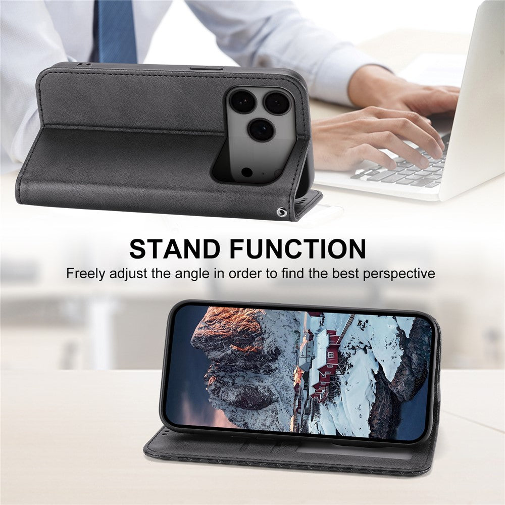 For iPhone 18 Pro Max / 17 Pro Max Case Calf Texture PU Leather Wallet Phone Cover with Wrist Strap