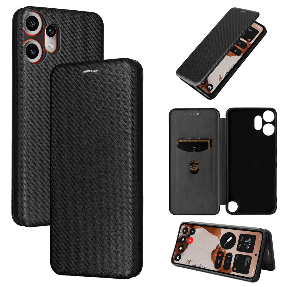 Nothing CMF Phone 2 Pro Wallet-Handyhülle – Mit Carbonfaser-Textur, Kartenhalter, Lederständer