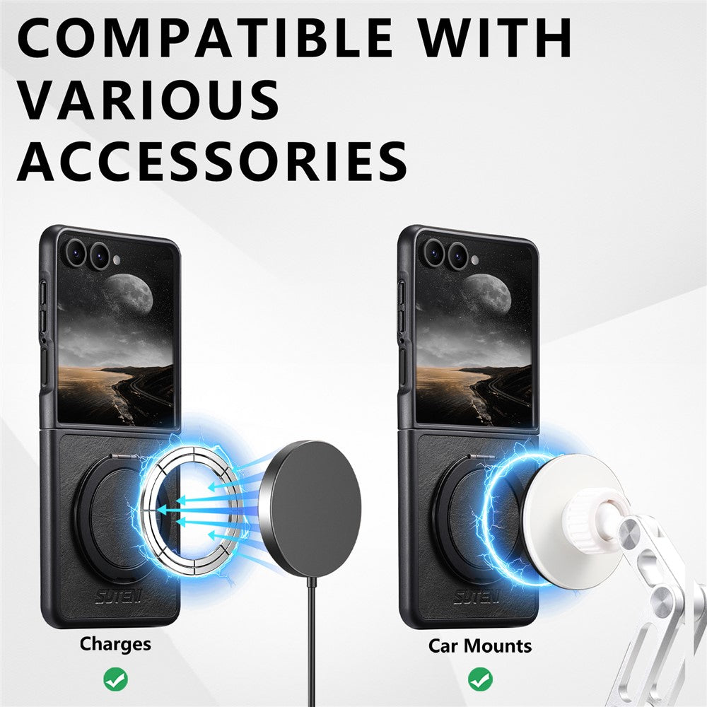 SUTENI G3 For Samsung Galaxy Z Flip7 5G Magnetic Case Waxy Texture Rotating Kickstand Leather Phone Back Cover