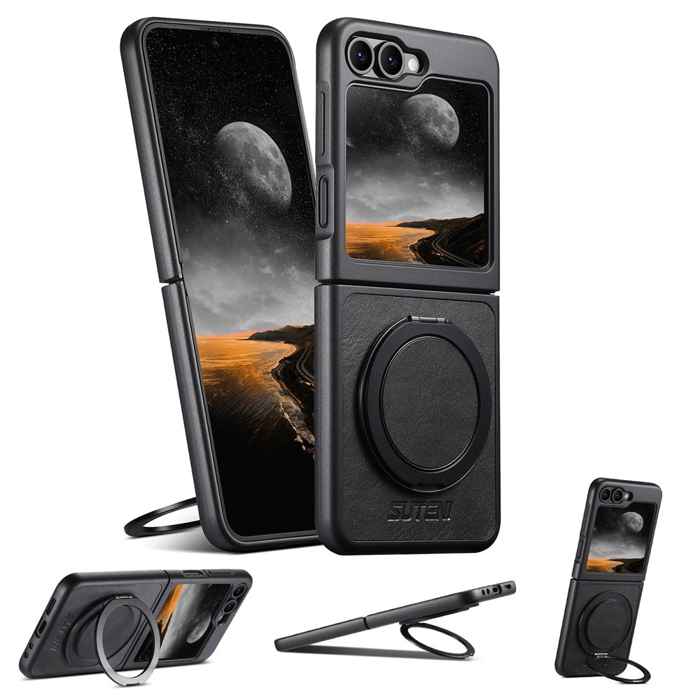 SUTENI G3 For Samsung Galaxy Z Flip7 FE 5G / Z Flip6 5G Magnetic Case Waxy Texture Rotating Kickstand Leather Phone Back Cover