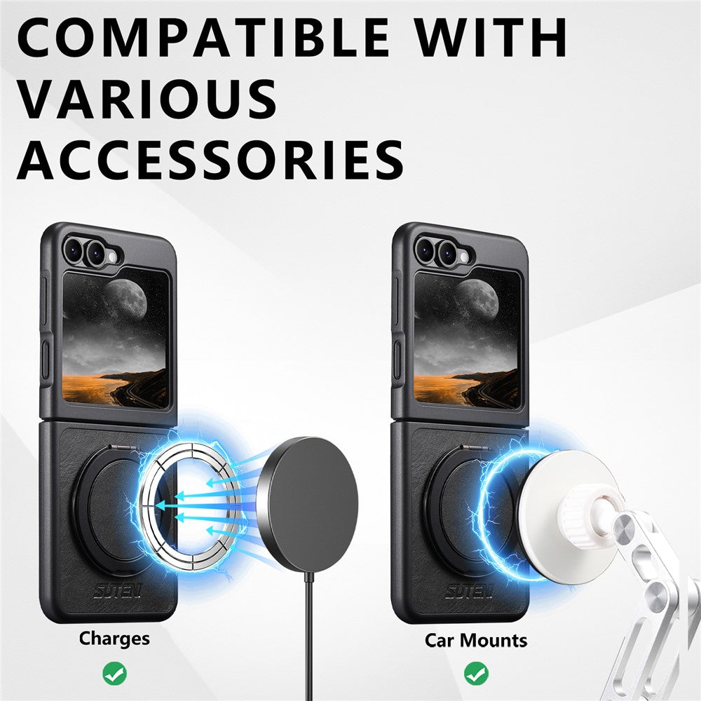 SUTENI G3 For Samsung Galaxy Z Flip7 FE 5G / Z Flip6 5G Magnetic Case Waxy Texture Rotating Kickstand Leather Phone Back Cover