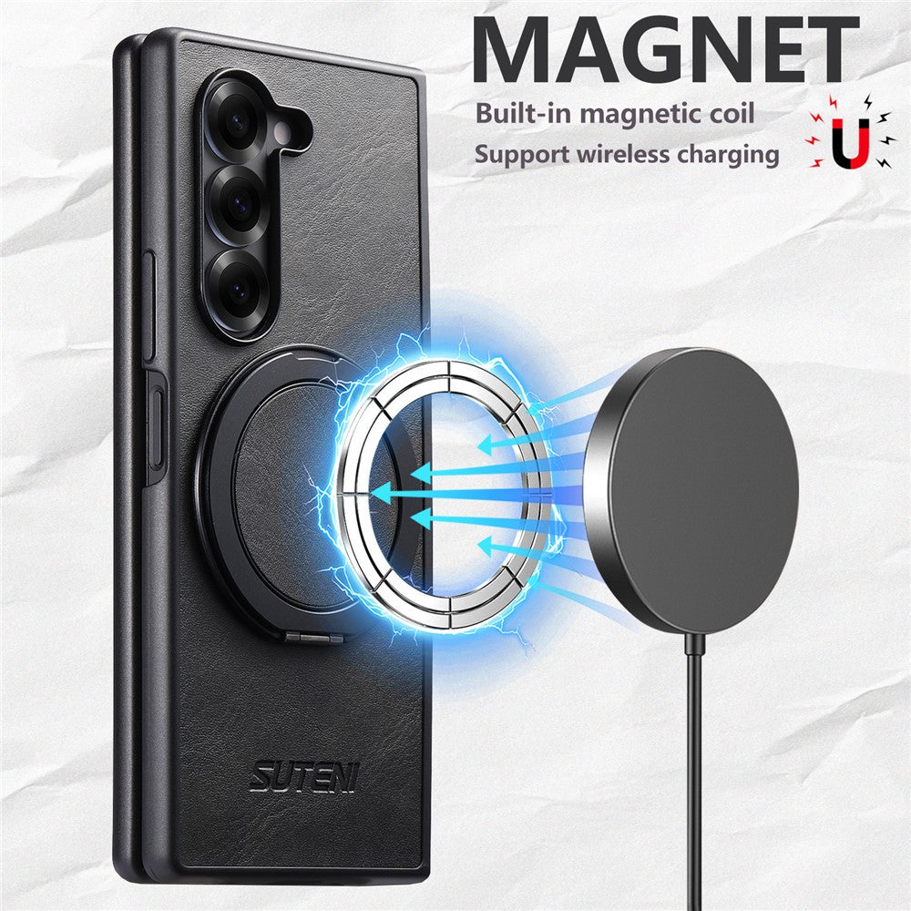 SUTENI G3 For Samsung Galaxy Z Fold6 5G Magnetic Case Waxy Texture Rotating Kickstand Leather Phone Back Cover