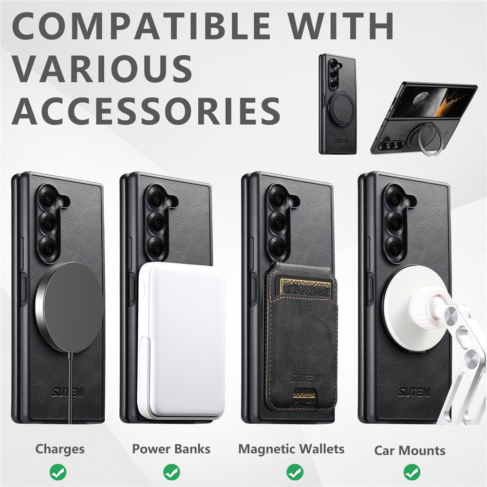 SUTENI G3 For Samsung Galaxy Z Fold5 5G Magnetic Case Waxy Texture Rotating Kickstand Leather Phone Back Cover