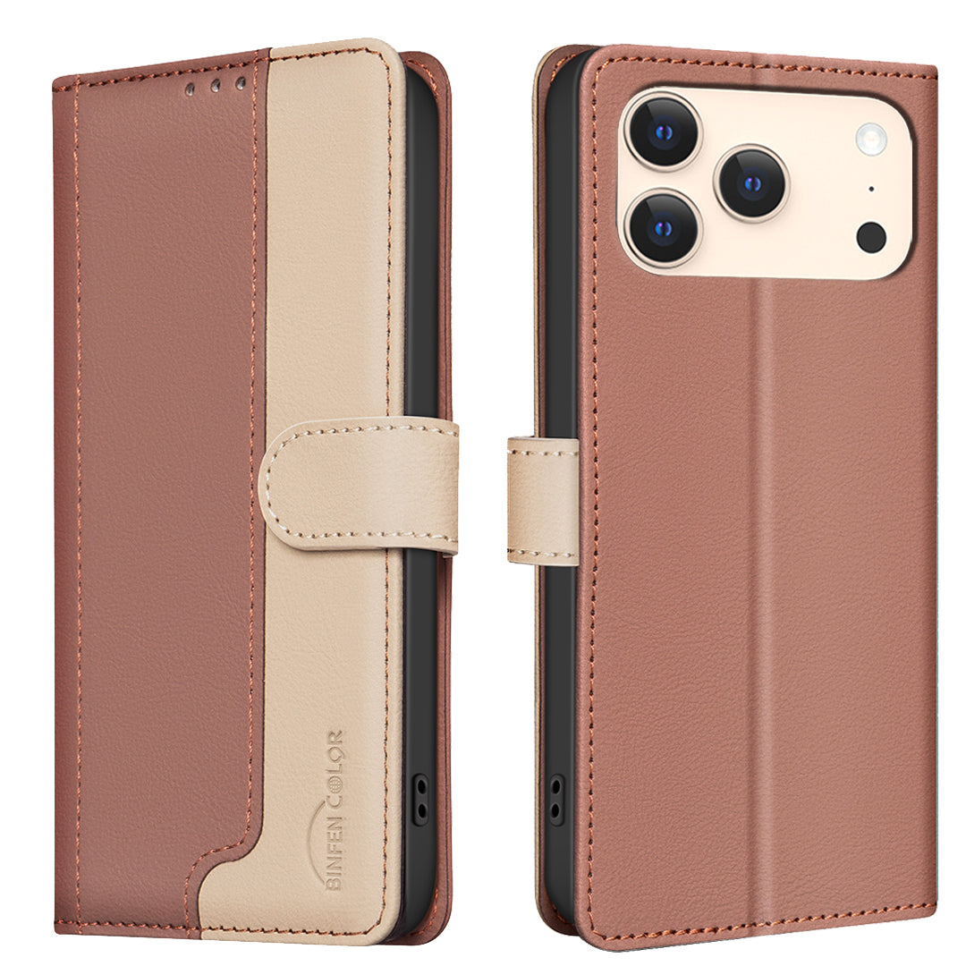 BINFEN COLOR For iPhone 18 Pro Max / 17 Pro Max Leather Case  Splicing Color RFID Blocking Wallet Stand Phone Cover