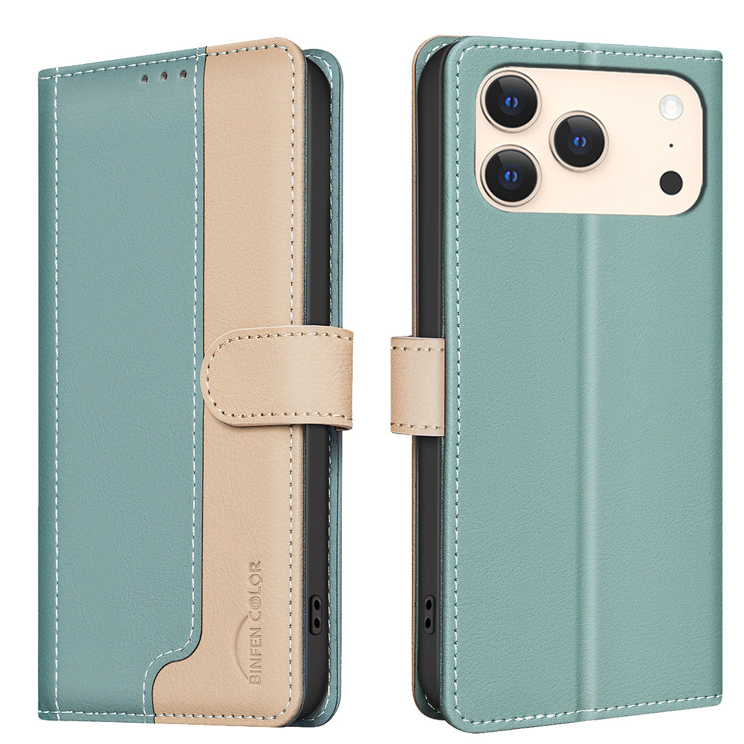 BINFEN COLOR For iPhone 18 Pro / 17 Pro Leather Case  Splicing Color RFID Blocking Wallet Stand Phone Cover