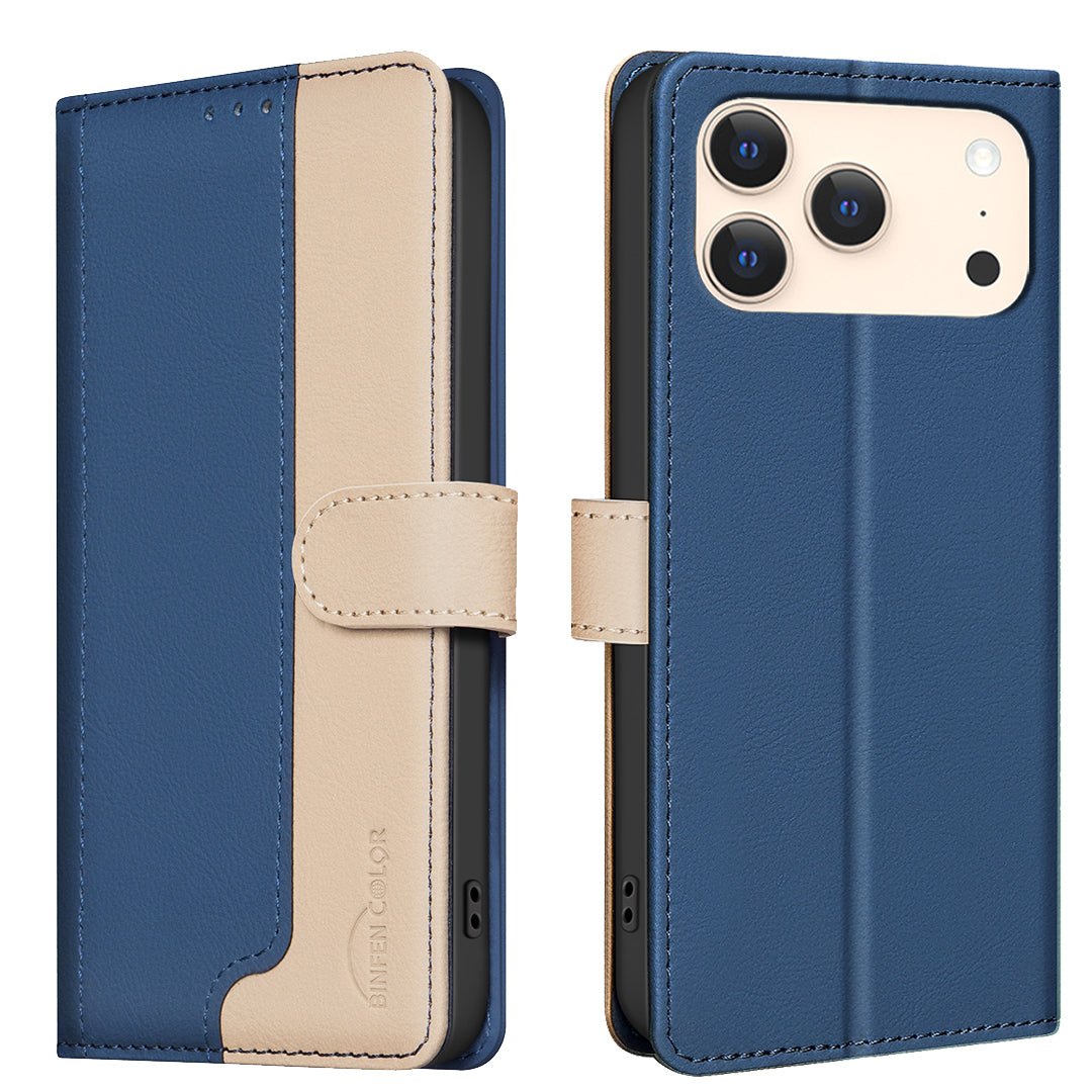 BINFEN COLOR For iPhone 18 Pro / 17 Pro Leather Case  Splicing Color RFID Blocking Wallet Stand Phone Cover