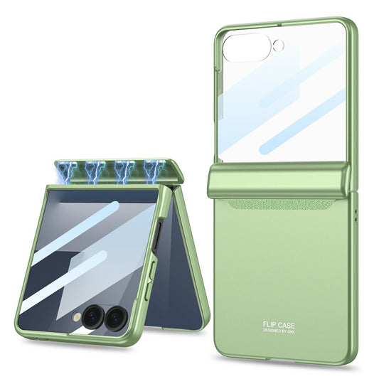 Galaxy Z Flip7 5G – Magnetische transparente Handyhülle aus Kunststoff und gehärtetem Glas, mit Scharnierschutz, mit Displayschutz