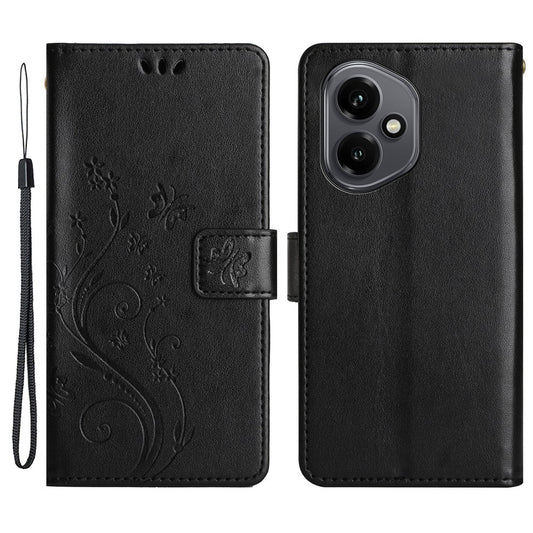 Honor 400 5G (Global) Handyhülle – Leder-Geldbörsen- mit Schmetterlingsblumen-Aufdruck und Riemen