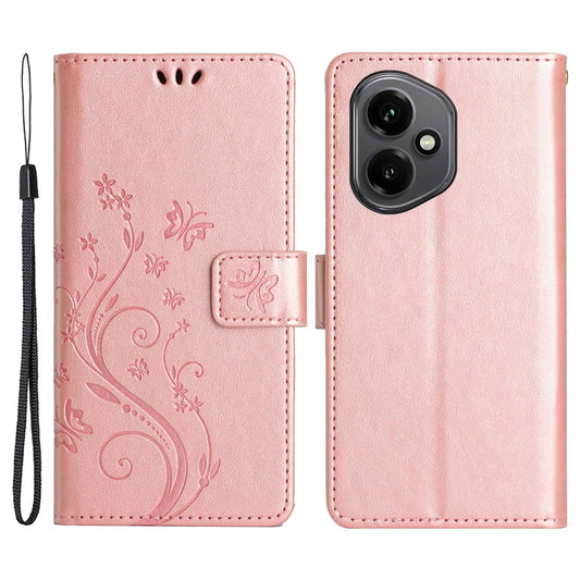 Honor 400 5G (Global) Handyhülle – Leder-Geldbörsen- mit Schmetterlingsblumen-Aufdruck und Riemen