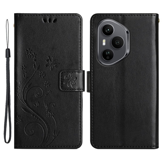 Honor 400 Pro 5G (Global) Handyhülle – Leder-Geldbörsen- mit Schmetterlingsblumen-Aufdruck und Riemen