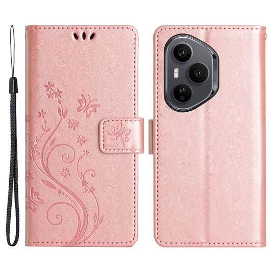 Honor 400 Pro 5G (Global) Handyhülle – Leder-Geldbörsen- mit Schmetterlingsblumen-Aufdruck und Riemen