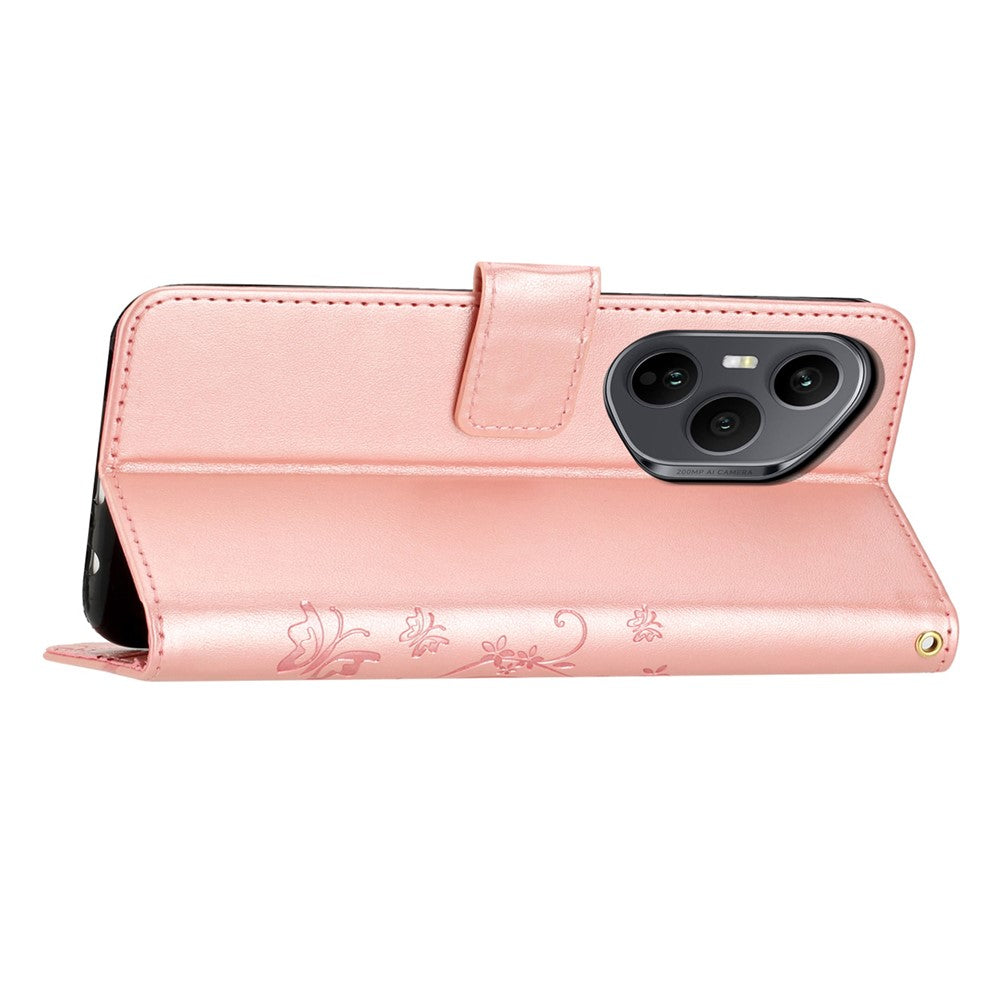 For Honor 400 Pro 5G (Global) Leather Wallet Case Butterfly Flower Imprinted Phone Cover with Strap