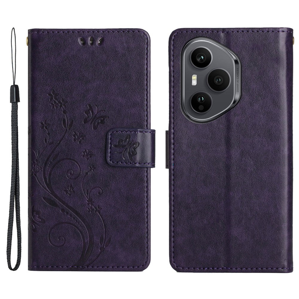 For Honor 400 Pro 5G (Global) Leather Wallet Case Butterfly Flower Imprinted Phone Cover with Strap