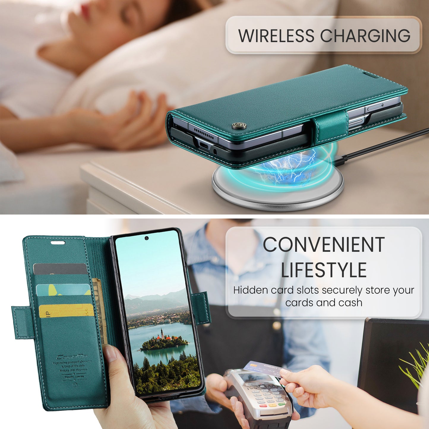 Galaxy Z Fold7 5G Glänzende Wallet-Hülle – RFID-Schutz & Ständer