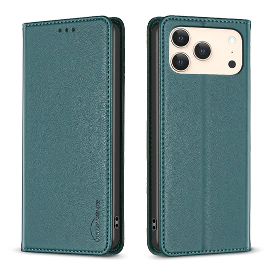 BINFEN COLOR For iPhone 18 Pro / 17 Pro Leather Case  BF18 Phone Stand Cover with Card Slots