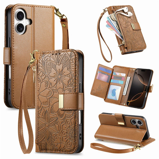 iPhone 16 Wallet-Hülle – Blumenblattmuster, Reißverschluss & Handschlaufe