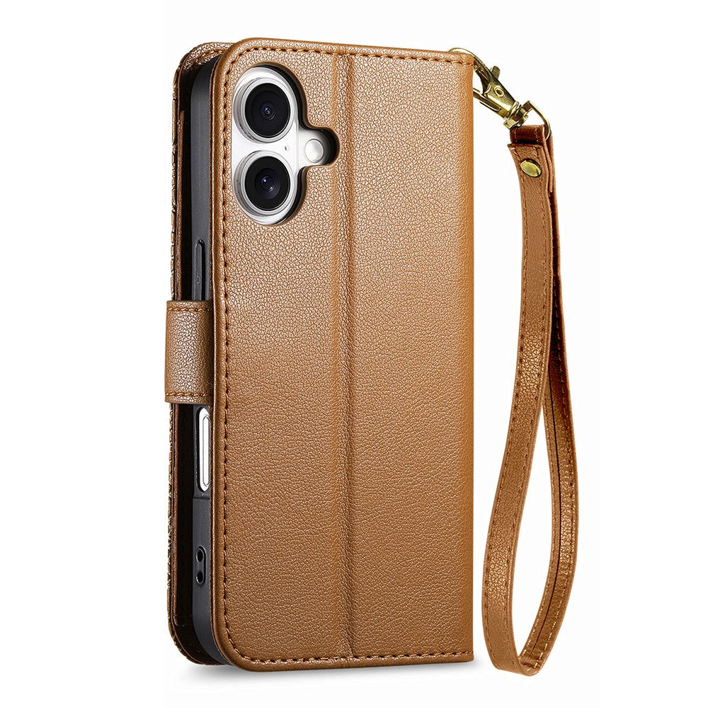 iPhone 16 Wallet-Hülle – Blumenblattmuster, Reißverschluss & Handschlaufe