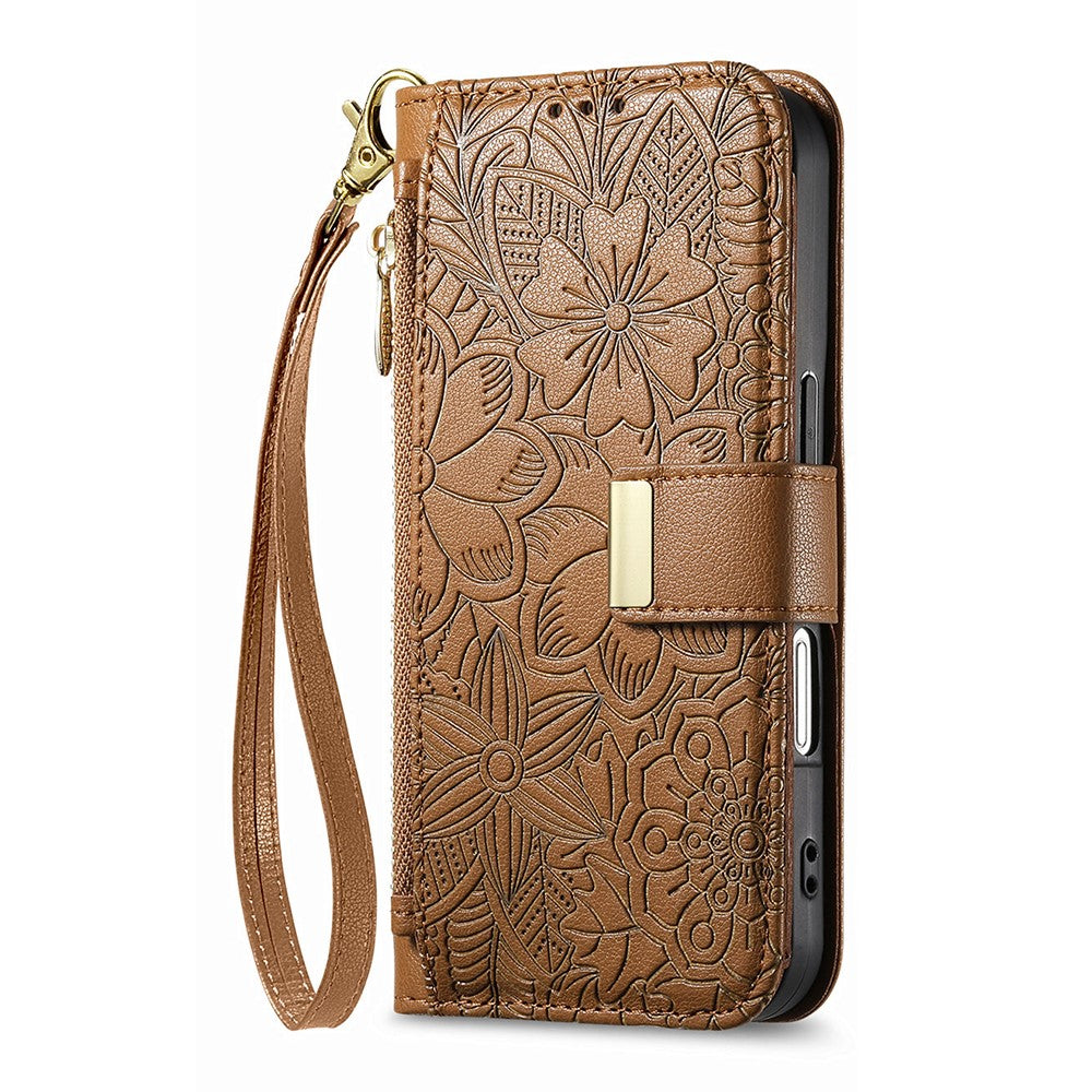 iPhone 16 Wallet-Hülle – Blumenblattmuster, Reißverschluss & Handschlaufe
